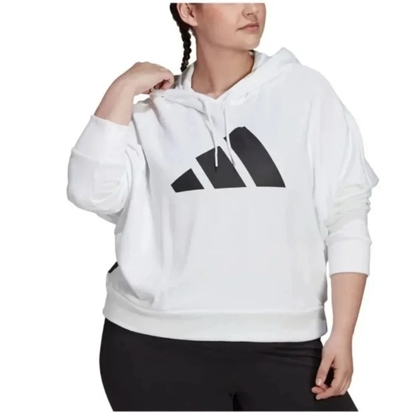 adidas Tops - Adidas Womens White Ribbed Drawstring Logo Graphic Long Sleeve Hoodie